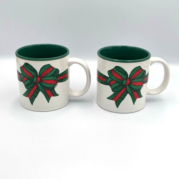 Vtg Potpourri Designs Coffee Mugs Set of 2 Bow Christmas Holiday 12 oz Japan - Picture 2 of 8